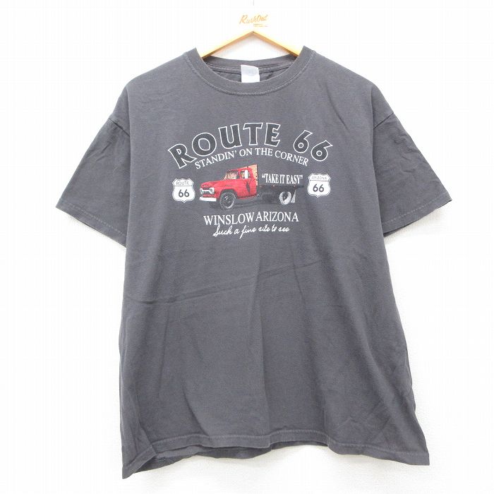 XL★古着 半袖 ビンテージ Tシャツ メンズ 00年代 00s 車 ルート66 コットン クルーネック 濃グレー 25jun12 中古