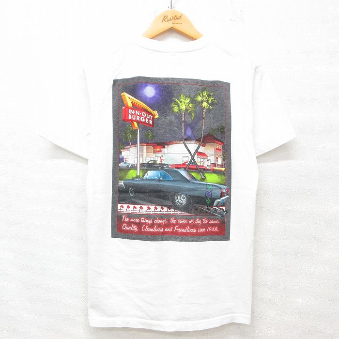 M★古着 半袖 Tシャツ メンズ 車 クラシックカー インアンドアウトバーガー コットン クルーネック 白 ホワイト 25jun12 中古