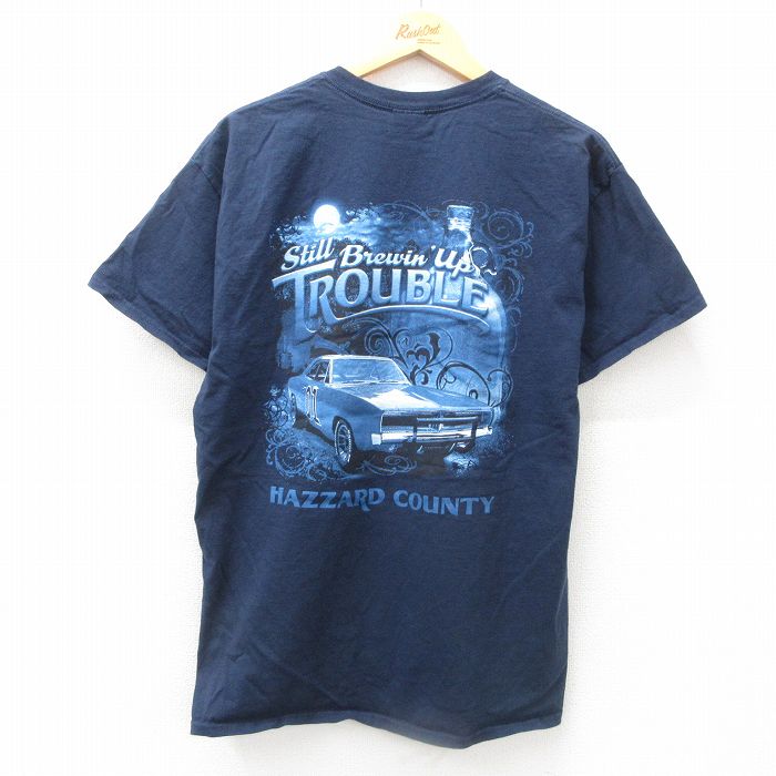 L★古着 半袖 Tシャツ メンズ 車 クラシックカー TROUBLE コットン クルーネック 濃紺 ネイビー 25jun12 中古