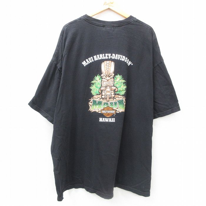 XL★古着 ハーレーダビッドソン Harley Davidson 半袖 Tシャツ メンズ マウイ 石像 バイク 大きいサイズ ロング丈 コットン クルーネック 黒 ブラック 【spe】 25jun12 中古
