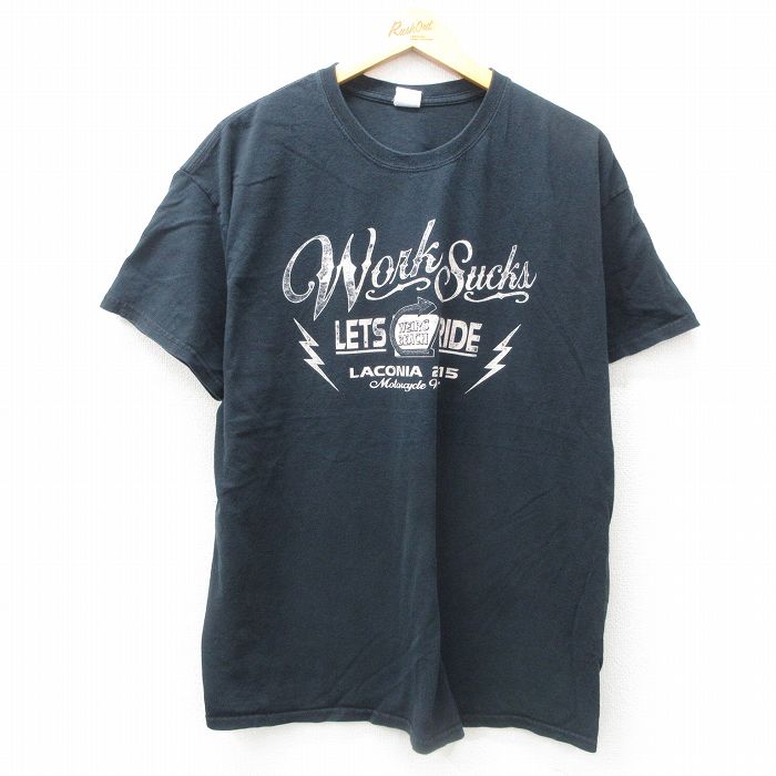 XL★古着 半袖 Tシャツ メンズ バイク スケルトン WORKSUCKS 大きいサイズ コットン クルーネック 黒 ブラック 25jun12 中古