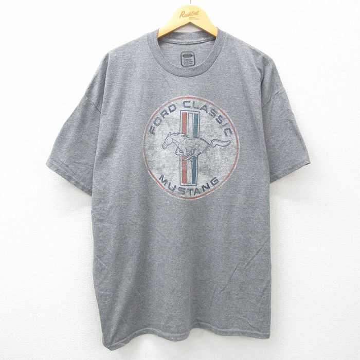 XL★古着 半袖 Tシャツ メンズ フォード Ford 馬 ムスタング 大きいサイズ クルーネック グレー 霜降り 25jun12 中古