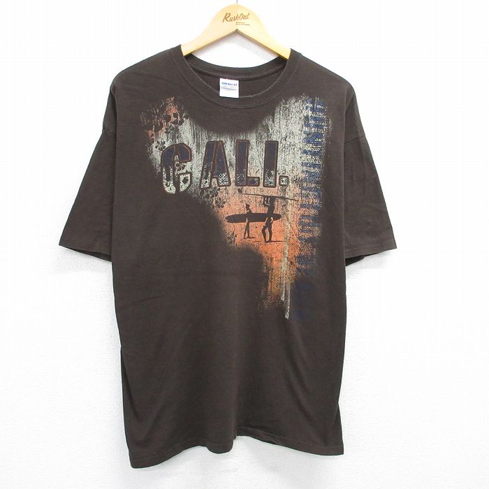 XL★古着 半袖 ビンテージ Tシャツ メンズ 00年代 00s サーフィン CALI 大きいサイズ コットン クルーネック 茶 ブラウン 25jun12 中古