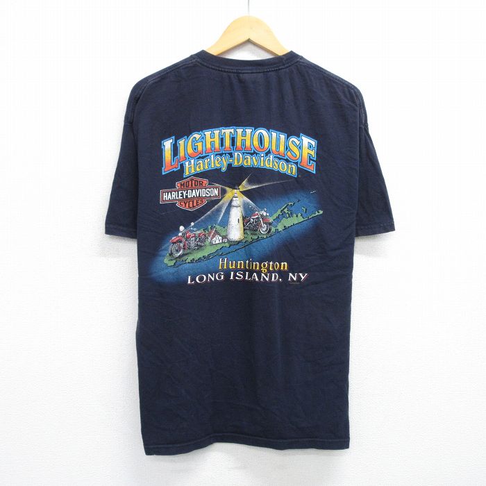 XL★古着 ハーレーダビッドソン Harley Davidson 半袖 ビンテージ Tシャツ メンズ 00年代 00s 地球 バイク 灯台 大きいサイズ コットン クルーネック USA製 紺 ネイビー 25jun12 中古