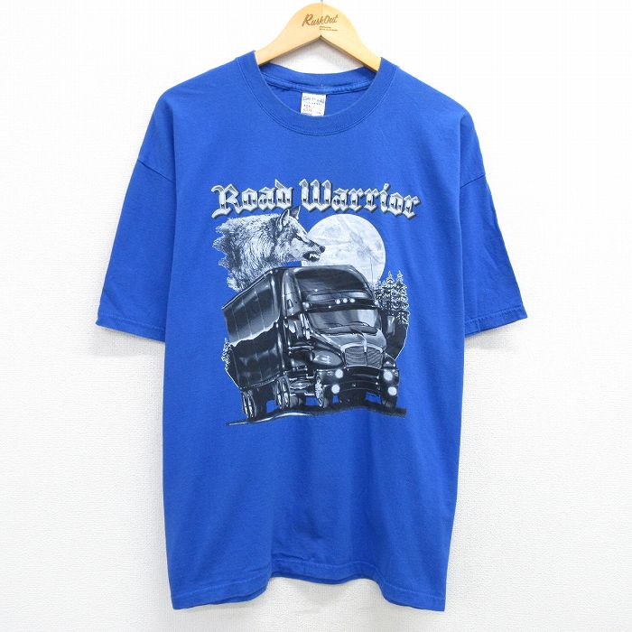 XL★古着 半袖 ビンテージ Tシャツ メンズ 00年代 00s トラック オオカミ ロードウォーリア 大きいサイズ コットン クルーネック 青 ブルー 25jun12 中古