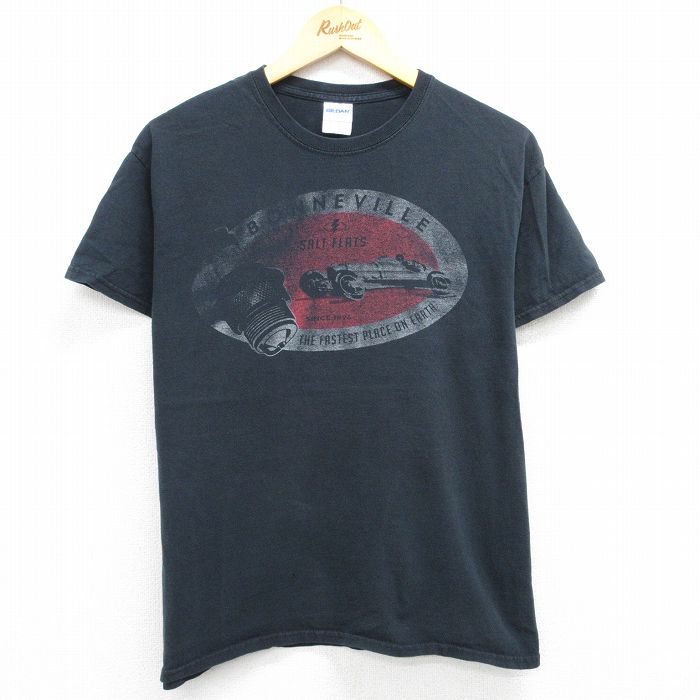 L★古着 半袖 ビンテージ Tシャツ メンズ 00年代 00s レーシングカー ボンネビル コットン クルーネック 黒 ブラック 25jun12 中古