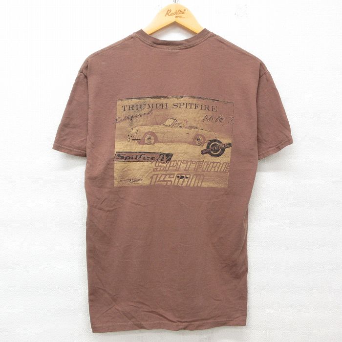 M★古着 半袖 Tシャツ メンズ 車 クラシックカー トライアンフ スピットファイアー コットン クルーネック 茶 ブラウン 25jun13 中古