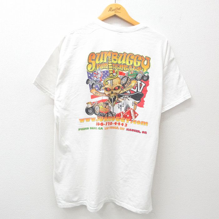 XL★古着 半袖 Tシャツ メンズ レーシングカー SUNBUGGY スカル コットン クルーネック 白 ホワイト 25jun13 中古