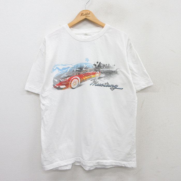 XL★古着 半袖 Tシャツ メンズ 車 ムスタング コットン クルーネック 白 ホワイト 25jun13 中古