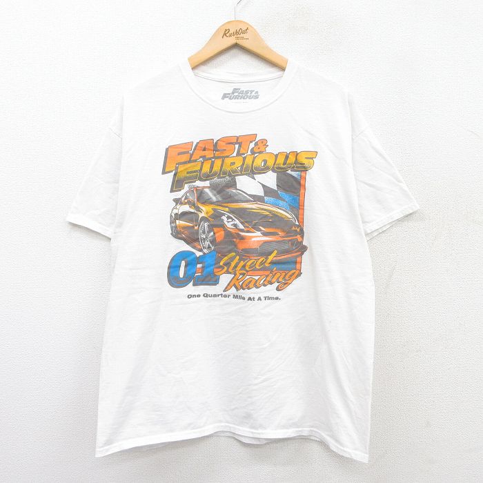 XL★古着 半袖 Tシャツ メンズ 映画 ワイルドスピード 車 レーシング コットン クルーネック 白 ホワイト 25jun13 中古