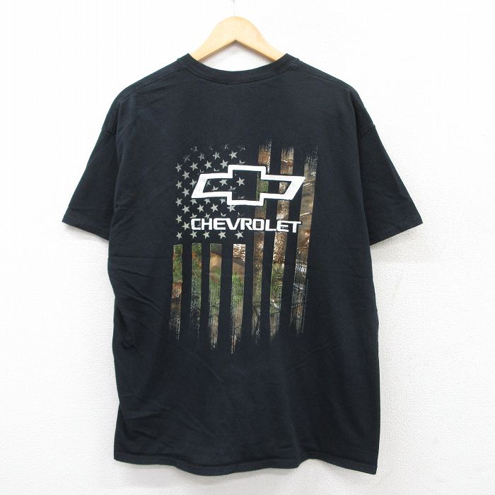XL★古着 半袖 Tシャツ メンズ シボレー 星条旗 コットン クルーネック 黒 ブラック 25jun13 中古