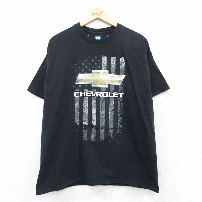 XL★古着 半袖 Tシャツ メンズ シボレー 星条旗 コットン クルーネック 黒 ブラック 25jun13 中古