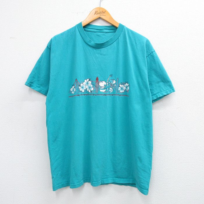 L★古着 半袖 Tシャツ メンズ サーフボード ハイビスカス ハワイ クルーネック 青緑 25jun18 中古