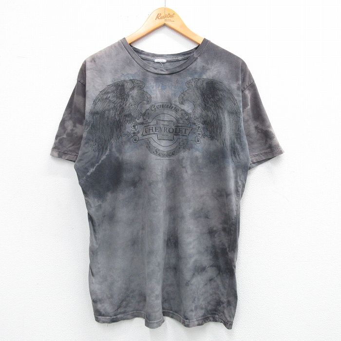 L★古着 半袖 Tシャツ メンズ シボレー 鳥 クルーネック 濃グレー タイダイ 25jun18 中古