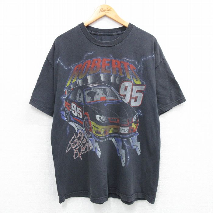 XL★古着 半袖 Tシャツ メンズ レーシングカー ROBERTS クルーネック 黒 ブラック 25jun18 中古