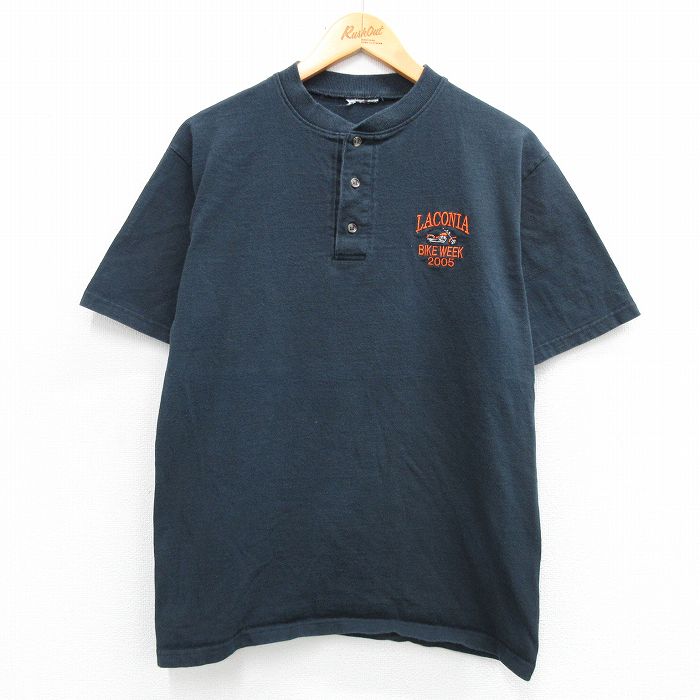 M★古着 半袖 ビンテージ Tシャツ メンズ 00年代 00s ラコニア バイク ヘンリーネック 黒 ブラック 25jun18 中古