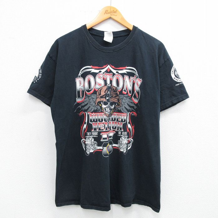 L★古着 半袖 ビンテージ Tシャツ メンズ 00年代 00s バイク スカル 企業広告 コットン クルーネック 黒 ブラック 25jun18 中古