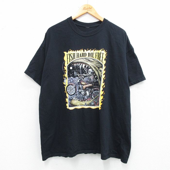 XL★古着 半袖 Tシャツ メンズ バイク スケルトン 魚 大きいサイズ クルーネック 黒 ブラック 25jun18 中古