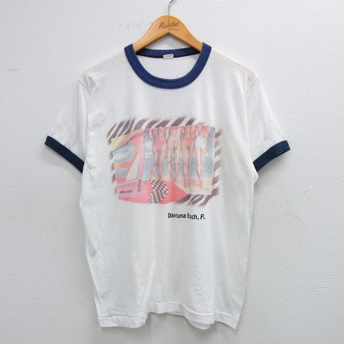 L★古着 半袖 ビンテージ Tシャツ メンズ 80年代 80s サーフィン 女性 クルーネック USA製 白 ホワイト リンガー 25jun18 中古