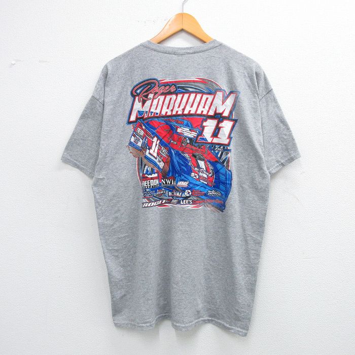 【20%OFF】XL★古着 半袖 Tシャツ メンズ レーシングカー Roger MARKHAM 11 企業広告 クルーネック グレー 霜降り 25jun18 中古