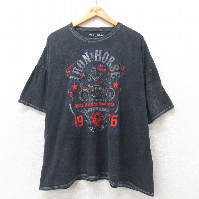 XL★古着 半袖 Tシャツ メンズ スケルトン バイク 大きいサイズ コットン クルーネック 黒 ブラック 25jun19 中古