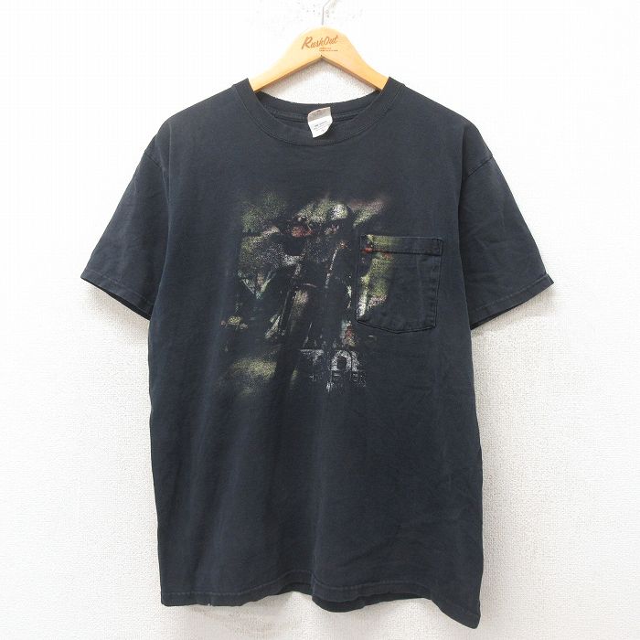 L★古着 半袖 Tシャツ メンズ バイク 胸ポケット付き コットン クルーネック 黒 ブラック 25jun19 中古
