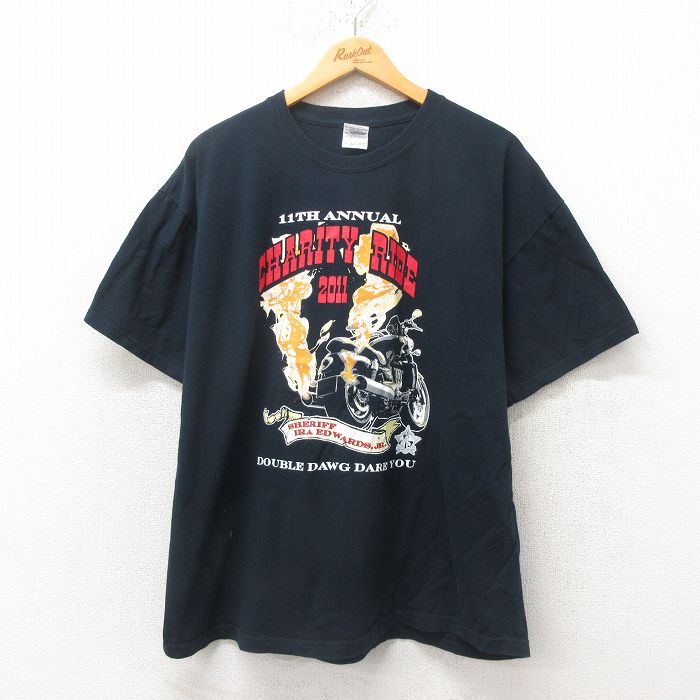 XL★古着 半袖 Tシャツ メンズ バイク 大きいサイズ コットン クルーネック 黒 ブラック 25jun19 中古