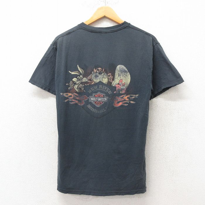 M★古着 ハーレーダビッドソン Harley Davidson 半袖 Tシャツ メンズ ルーニーテューンズ LOONEY TUNES タズ ヨセミテサム ボロ コットン クルーネック USA製 黒 ブラック 【spe】 25jun19 中古