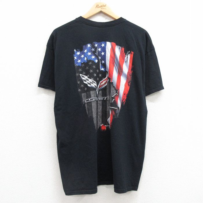 XL★古着 半袖 Tシャツ メンズ シボレー 星条旗 コットン クルーネック 黒 ブラック 25jul04 中古