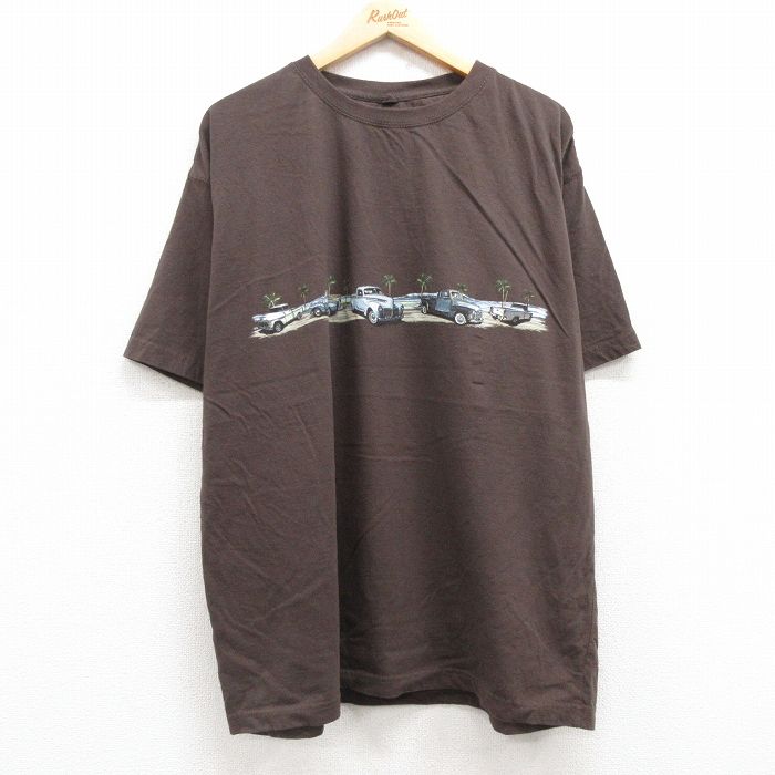 【50%OFF】XL★古着 半袖 Tシャツ メンズ 車 大きいサイズ コットン クルーネック 茶 ブラウン 25jul04 中古