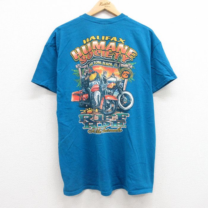 XL★古着 半袖 Tシャツ メンズ バイク ネコ 犬 クルーネック 青 ブルー 霜降り 25jul04 中古