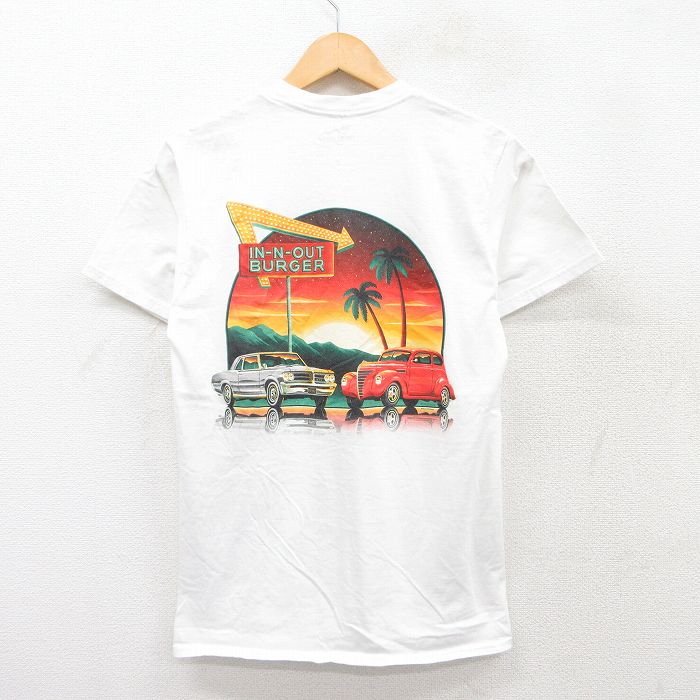 M★古着 半袖 Tシャツ メンズ インアンドアウトバーガー 車 ホットロッド HOT ROD クラシックカー コットン クルーネック 白 ホワイト 25jul09 中古