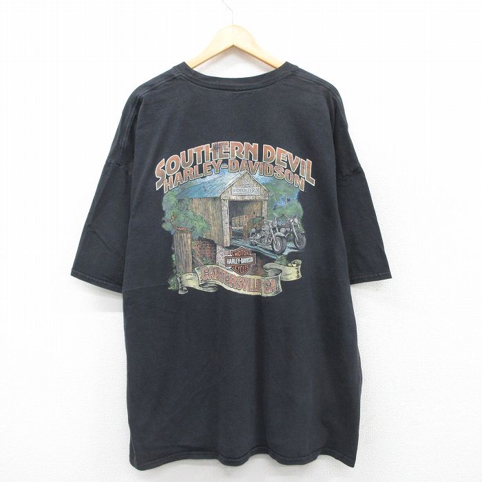 XL★古着 ハーレーダビッドソン Harley Davidson 半袖 Tシャツ メンズ バイク サザンデビル 胸ポケット付き ロング丈 大きいサイズ クルーネック 黒 ブラック 25jul09 中古