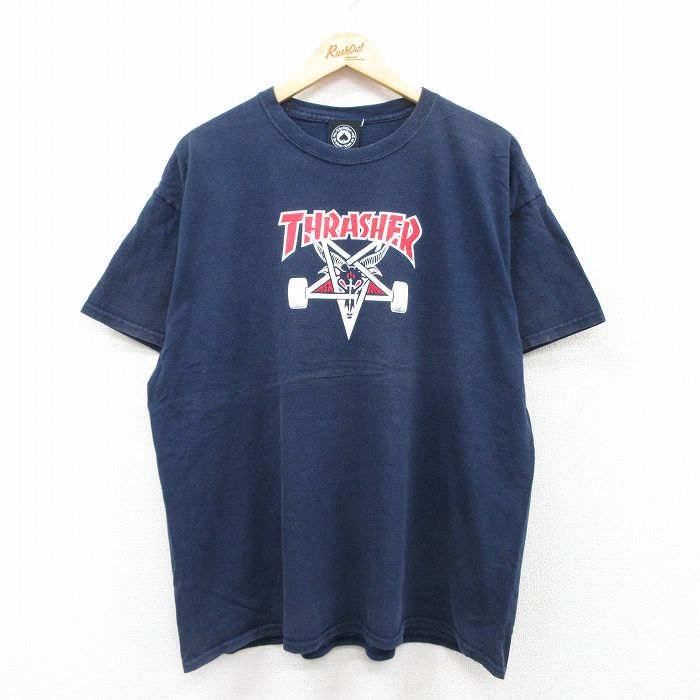 XL★古着 半袖 Tシャツ メンズ スラッシャー ロングホーン 大きいサイズ コットン クルーネック 紺 ネイビー 25jul09 中古