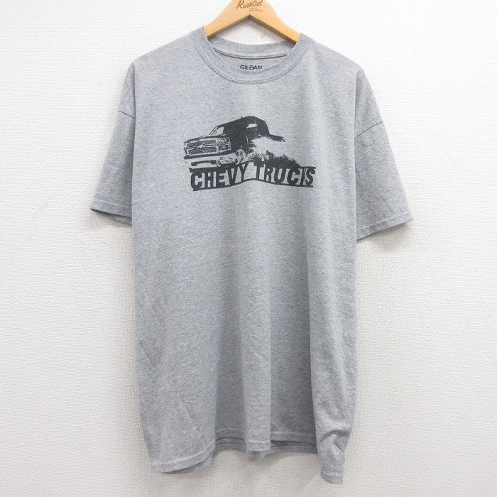 XL★古着 半袖 Tシャツ メンズ 車 シェビー 大きいサイズ クルーネック グレー 霜降り 25jul12 中古