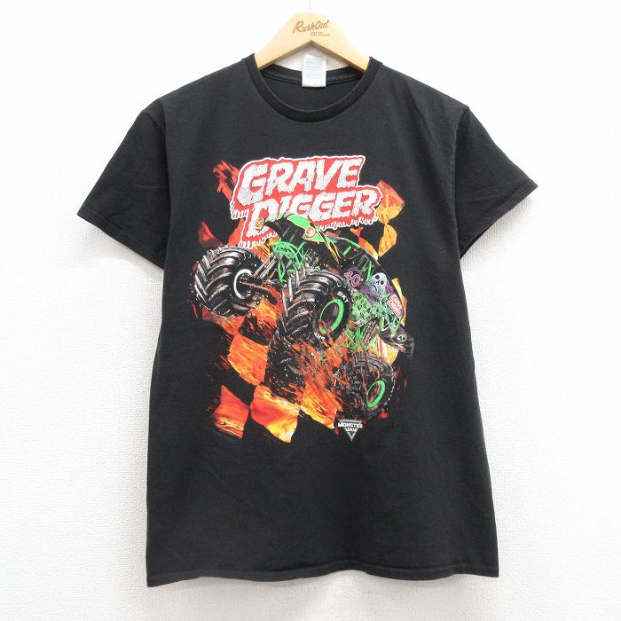 【20%OFF】M★古着 半袖 Tシャツ メンズ GRAVE DIGGER コットン クルーネック 黒 ブラック 25jul12 中古