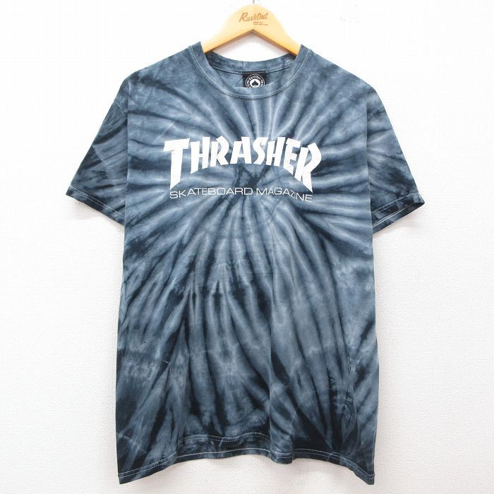 【20%OFF】L★古着 半袖 Tシャツ メンズ スラッシャー コットン クルーネック 紺他 ネイビー タイダイ 25jul12 中古