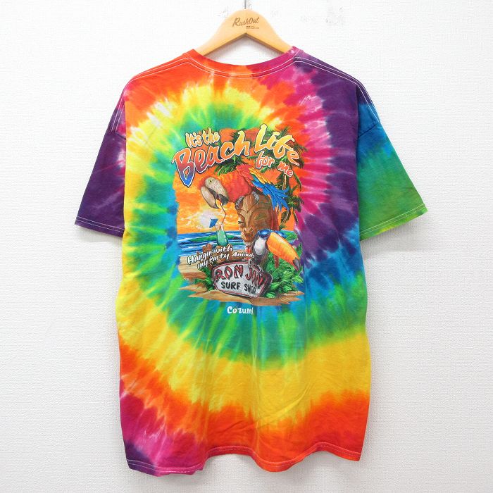 XL★古着 ロンジョン 半袖 Tシャツ メンズ 鳥 大きいサイズ コットン クルーネック 黄他 イエロー タイダイ 25jul14 中古