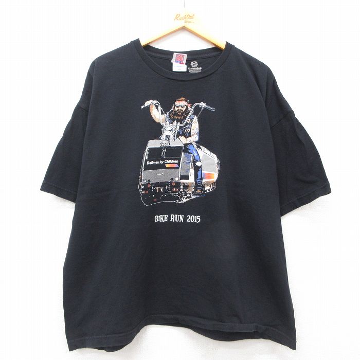 XL★古着 半袖 Tシャツ メンズ バイク 電車 大きいサイズ コットン クルーネック USA製 黒 ブラック 25jul14 中古