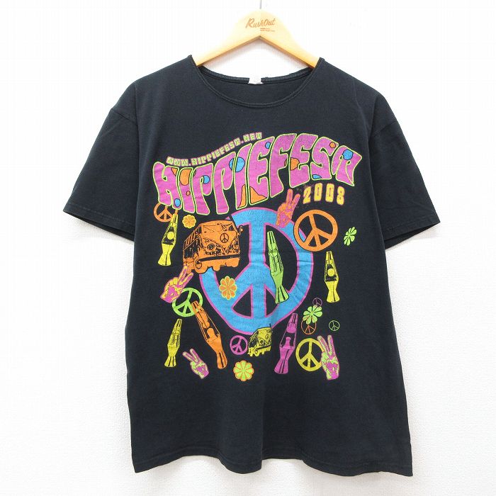 00s 半袖Tシャツ HIPPIE FEST ピースマーク ブラック L | 古着