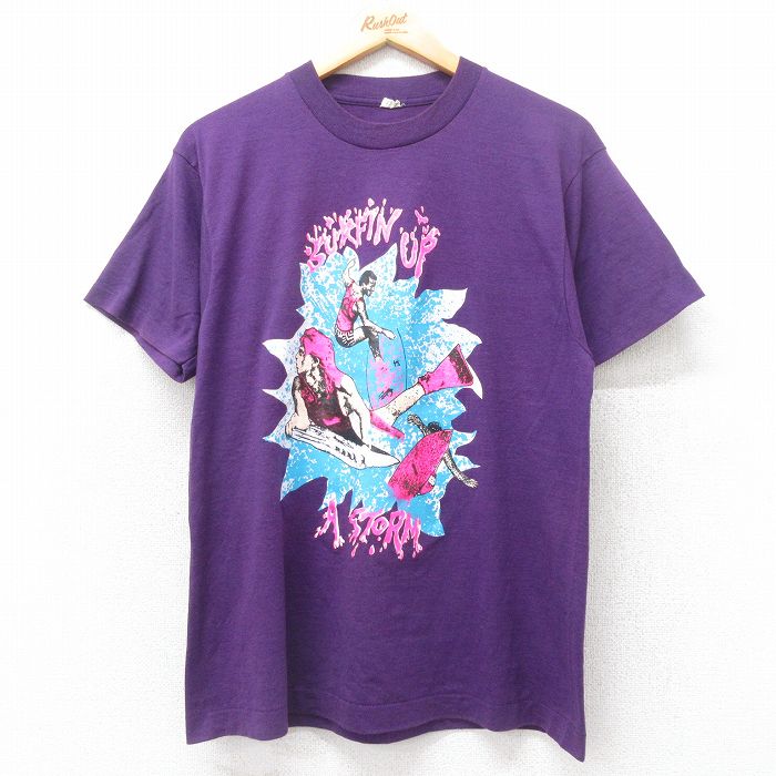 【50%OFF】M★古着 半袖 ビンテージ Tシャツ メンズ 80年代 80s サーフィン クルーネック USA製 紫 パープル 【spe】 25jul14 中古