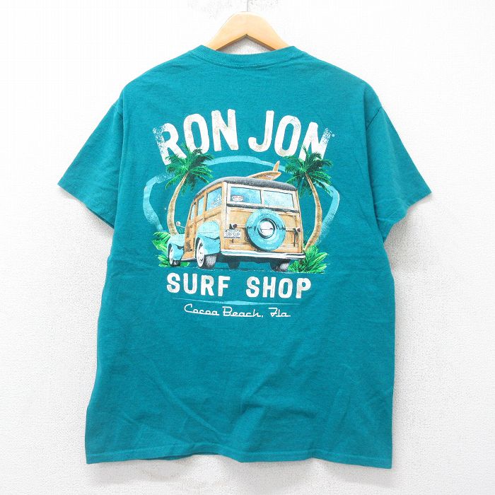 L★古着 ロンジョン 半袖 Tシャツ メンズ 車 クルーネック 青緑 25jul14 中古