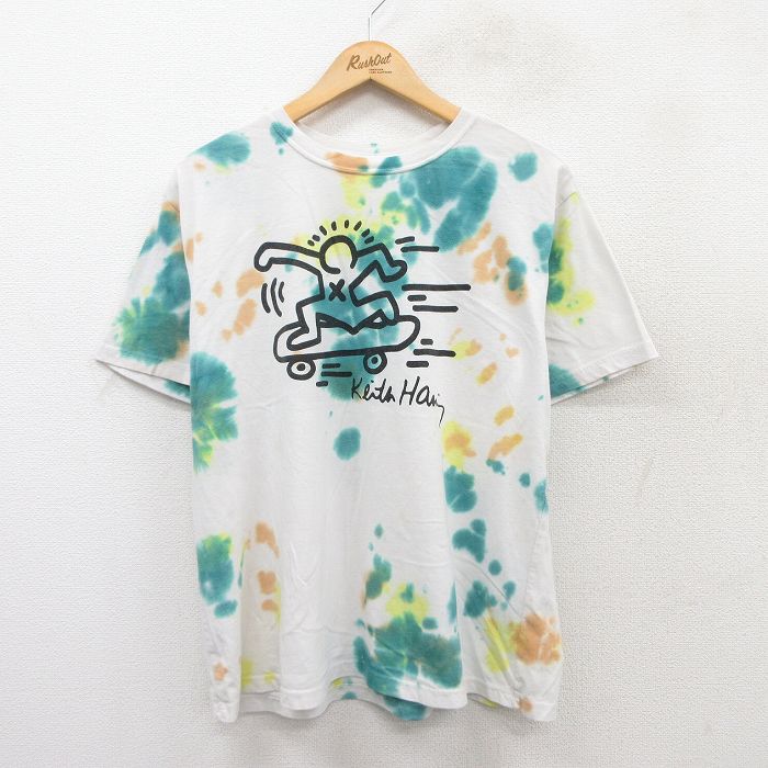 XL★古着 半袖 Tシャツ メンズ キースヘリング スケボー クルーネック 白他 ホワイト タイダイ 25jul15 中古