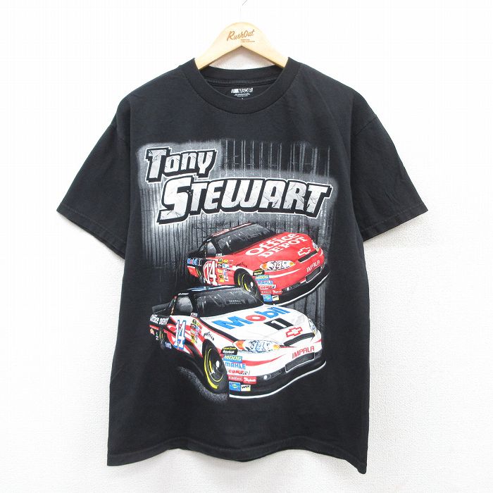 【50%OFF】L★古着 半袖 Tシャツ メンズ トニースチュワート レーシングカー コットン クルーネック 黒 ブラック 25jul15 中古