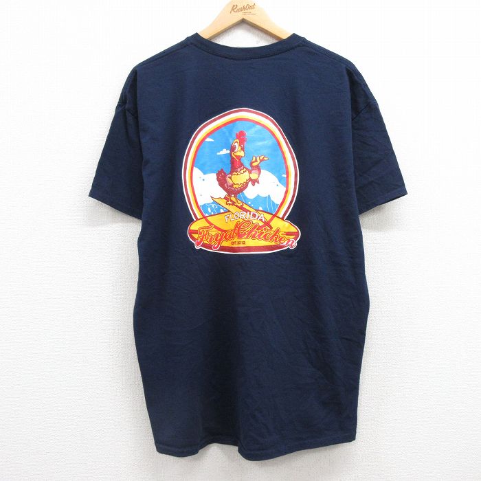 XL★古着 半袖 Tシャツ メンズ サーフィン ニワトリ 大きいサイズ コットン クルーネック 紺 ネイビー 25jul19 中古
