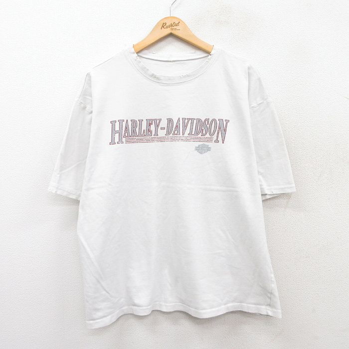 【50%OFF】XL★古着 ハーレーダビッドソン Harley Davidson 半袖 Tシャツ メンズ ビッグロゴ ボロ 大きいサイズ クルーネック 白 ホワイト 25jul19 中古