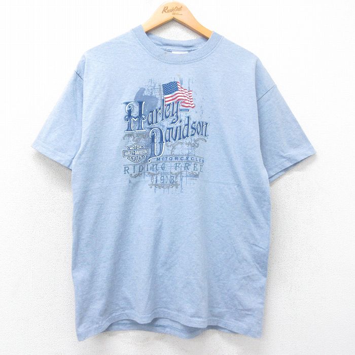 L★古着 ハーレーダビッドソン Harley Davidson 半袖 ビンテージ Tシャツ メンズ 00年代 00s ビッグロゴ コットン クルーネック USA製 薄紺 ネイビー 霜降り 25jul25 中古