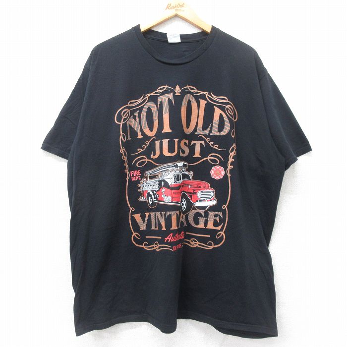 XL★古着 半袖 Tシャツ メンズ 消防車 大きいサイズ コットン クルーネック 黒 ブラック 25jul25 中古