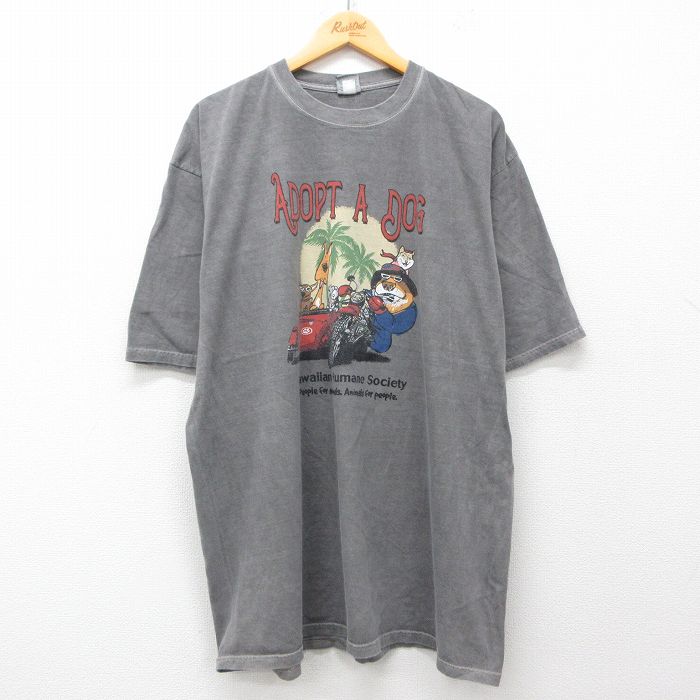 【20%OFF】XL★古着 Crazy Shirts 半袖 Tシャツ メンズ バイク 犬 両面プリント 大きいサイズ ロング丈 コットン クルーネック 濃グレー 25jul26 中古