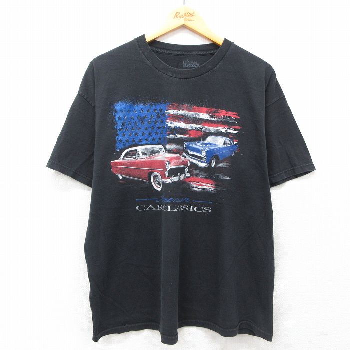 【50%OFF】XL★古着 半袖 Tシャツ メンズ 車 クラシックカー 星条旗 大きいサイズ コットン クルーネック 黒 ブラック 25jul26 中古